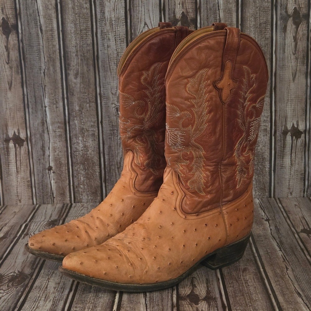 Sz 12 US Mens Rayo de Plata Tan Faux Ostrich Leather Western Cowboy Boots